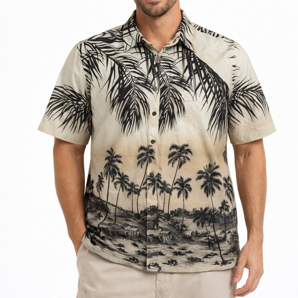 RJC Robert J Clancey Men’s XL Hawaiian Aloha Shirt Palm Tree Sunset Beach Cotton